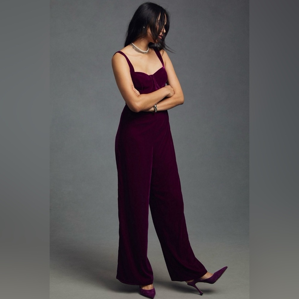 Du Paradis Velvet Corset Jumpsuit Burgundy Wide Leg NWT S
